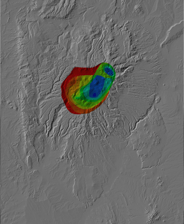 Digital relief map of depth of basement in the Jemez
        Mountains